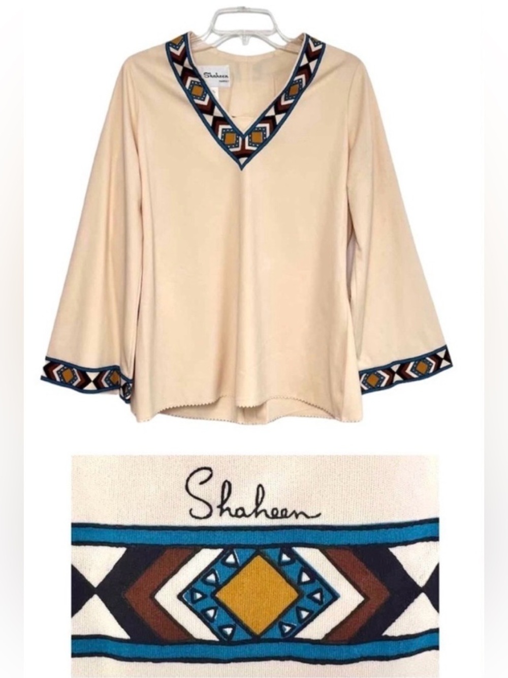 Vintage Alfred Shaheen Boho Tribal Bell Sleeve V-neck Tunic Top Blouse